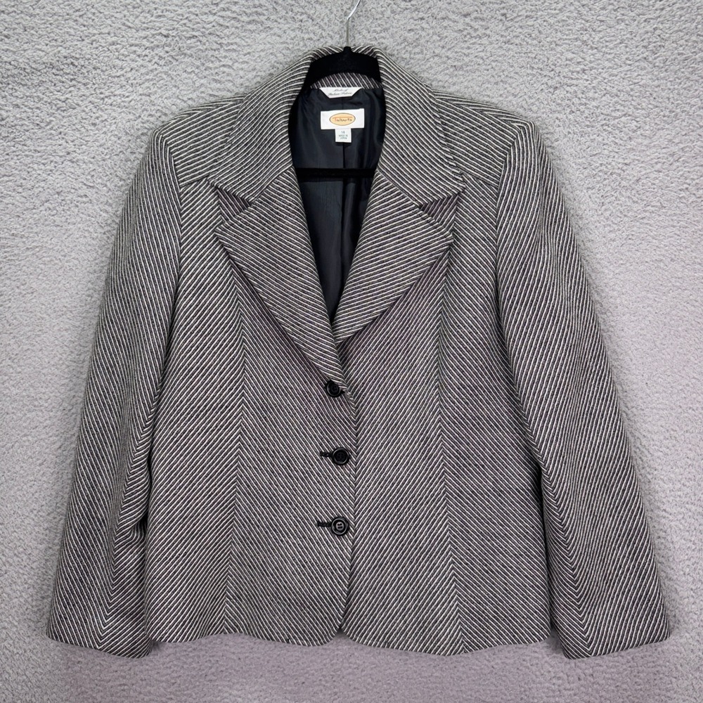 Talbots Blazer Womens 14 Black White Diagonal Stripe Wool Jacket Office Preppy